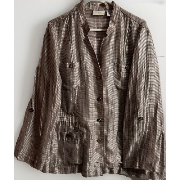 Chico’s Silver Metallic Striped Blouse Shacket Buttons Linen Blend Chicos Size 3 - Picture 1 of 15